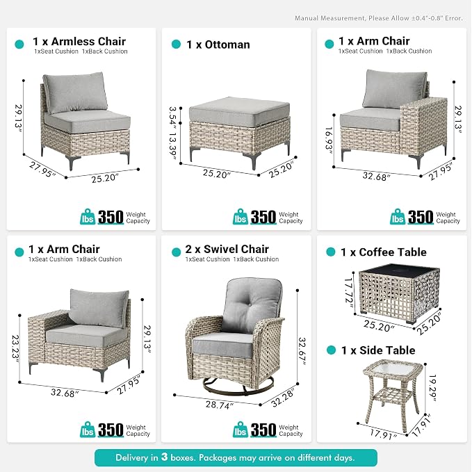 8 Pcs Patio Outdoor Furniture Set - All Weather Wicker Outdoor Sectional Sofa Couch with Swivel Rocking Chairs and Coffee Table,Patio Modular Rattan Conversation Set for Garden Deck Yard,Dark Grey