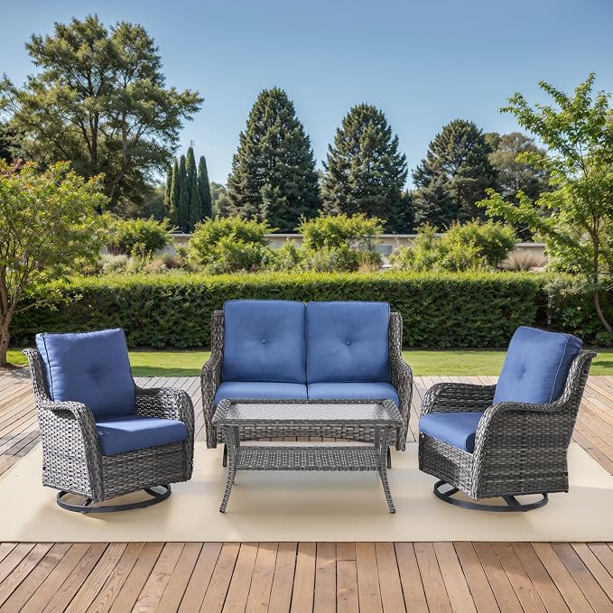 Patio Loveseat Glider Set, Resin Wicker Loveseat Glider with 2 Swivel Patio Chiars and Coffee Table, 4 Piece Patio Bistro Set Furniture Set Loveseat Set, Grey Wicker|Blue Cushions