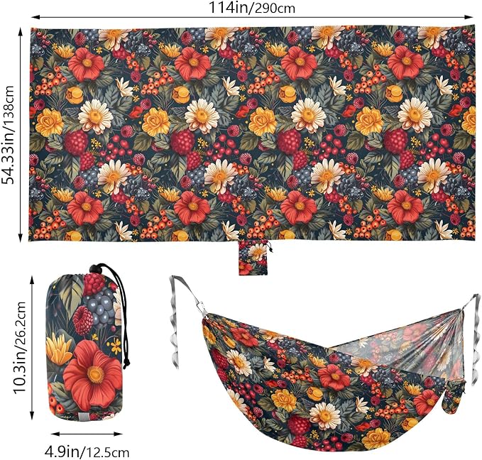 Camping Hammock Outdoor Hammocks for Outside Berryfruit Flowers Beach Trees Portable Lightweight with Pockets Tree Straps Indoor
