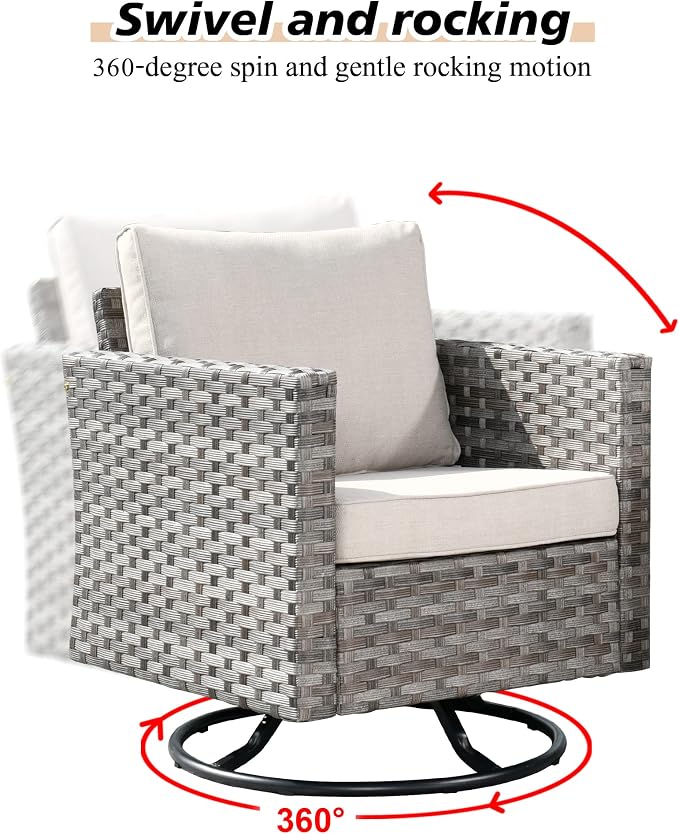 HOOOWOOO Outdoor Patio Sectional Furniture Sofa Set with Propane Gas Fire Pit Table,9 Piece Modern Wicker Couch with Swivel Chair,Modular L Shaped Conversation Seating Set with Wide Arm(Beige Tan)