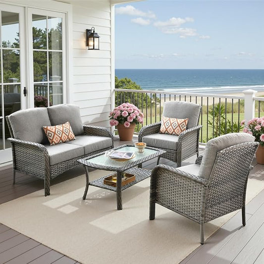 4 Pieces Patio Furniture Set, Small Outdoor Patio Set with Coffee Table, All-Weather Rattan Wicker High Back Conversation Set Loveseat with Chairs for Porch, Backyard, Balcony, Dark Grey