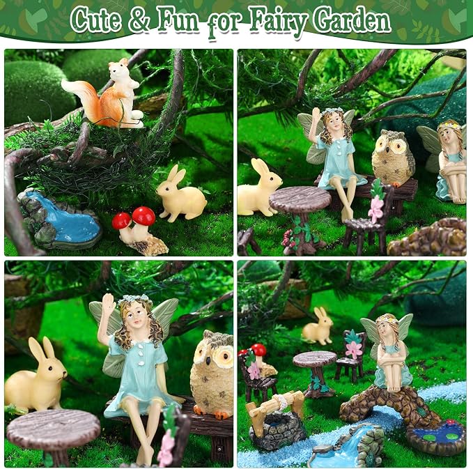 Roowest 19 Pcs Fairy Garden Kit, Miniature Fairy Garden Accessories Outdoor | Small Figurines with Animals Mushroom Pond Bridge, Resin Ornaments, DIY Micro Landscape Decor