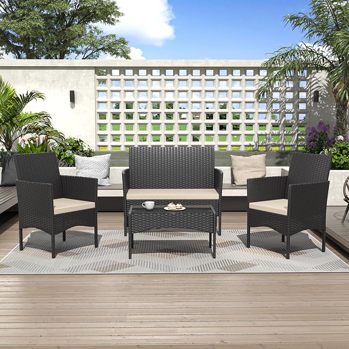 ALAULM Outdoor Patio Furniture Set, 4 Pieces Patio Conversation Set Wicker Chairs with Glass Table and Soft Cushion for Porch,Backyard, Poolside (Sand)