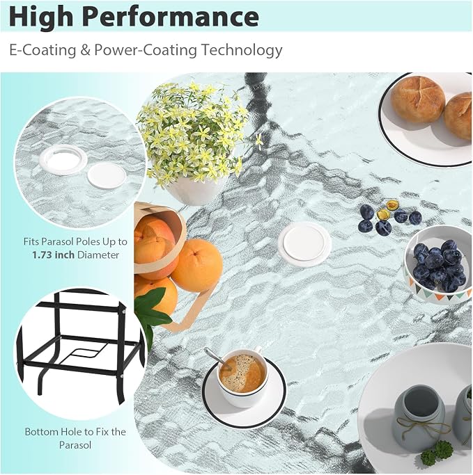 MKDLUFEI 32 Inch Umbrella Table with Hole, Outdoor Square Patio Table with Tempered Glass Top, for Balcony, Backyard, Poolside, Black