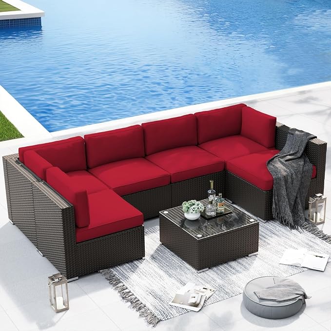 SUNCROWN Outdoor Patio Furniture Sofa Set 7 Piece All-Weather Wicker Sectional Conversation Set with Modern Glass Coffee Table, Cushions and A Waterproof Cover -Red