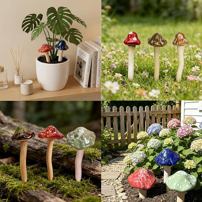 10 Pack Ceramic Mushroom Garden Decor, Outdoor Fairy Garden Ornament | 4.7" Tall Pottery Mushroom Statues, Colorful Outside Decorations for Yard, Lawn, Patio, Indoor Plant Flower Pots