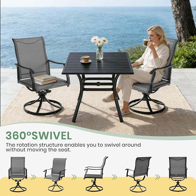 LVUYOYO 7-Piece Outdoor Patio Dining Set, Textilene Swivel Dining Chairs & Rectangular Table Set, All-Weather Table and Chairs Set with Umbrella Hole for Backyard, Garden,Balcony,Porch (Gray)