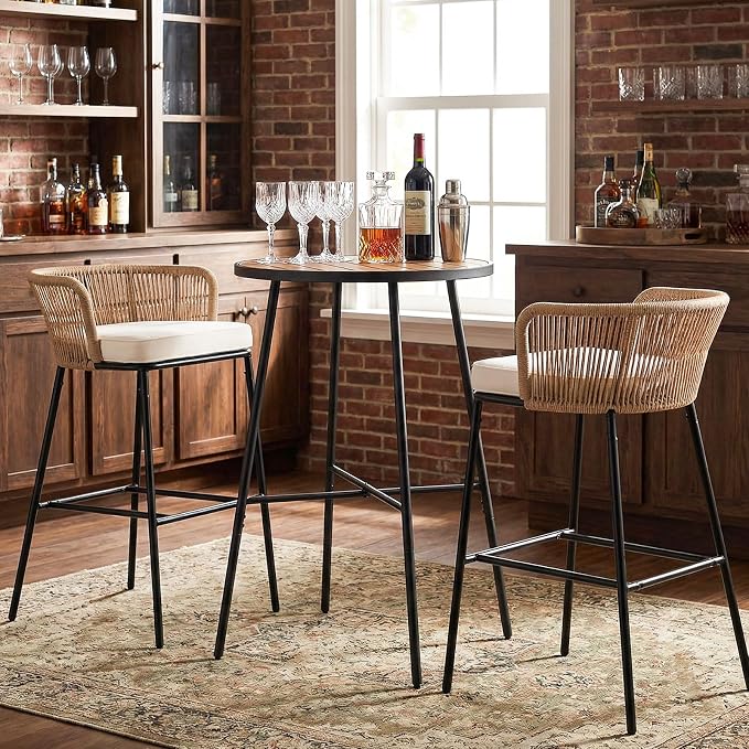 Giantex 41-inches Patio Bar Table, Acacia Wood Pub Table with Heavy-Duty Metal Frame, X-Shaped Support Bars, Adjustable Foot Pads, Round Cocktail Tables for Outdoor, Bistro, Balcony, Gathering