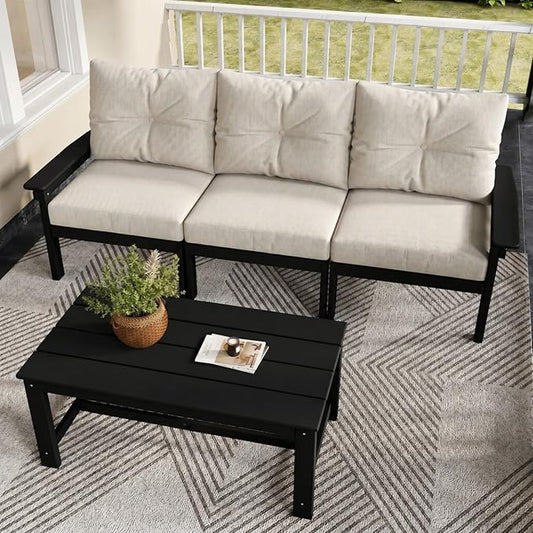 HDPE Patio Sofa Set, 4-Piece Sectional Outdoor Patio Furniture Set, All Weather Outdoor Couch Set with Coffee Table & Beige Washable Thick Cushions for Balcony, Porch(Black Frame)