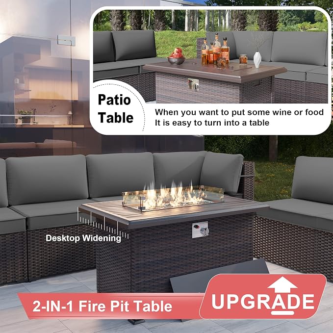 Kurapika 7 Pieces Patio Furniture Set, Rattan Wicker Outdoor Conversation Sets w/43in Propane Fire Pit Table and 4 Inch Cushion(Grey)