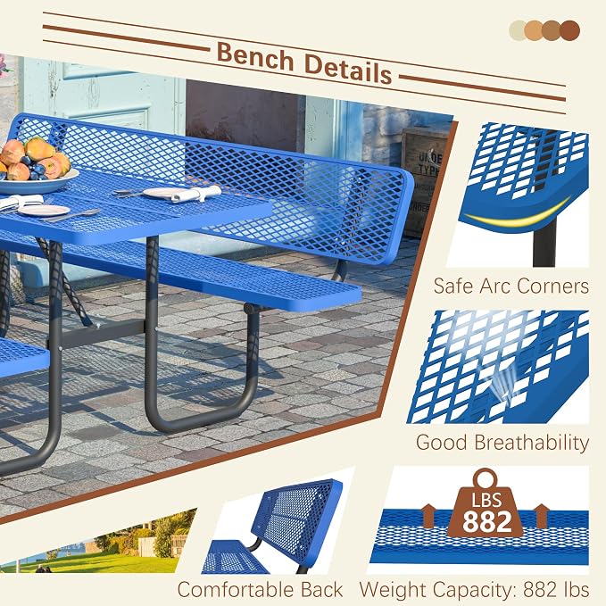 72'' Heavy Duty Outdoor Picnic Table with Backrest - Commercial Grade Rectangular Steel Picnic Table Set, Umbrella Hole, Rust-Resistant Metal Mesh Tabletop for Patio, Garden, Park, BBQ - Blue