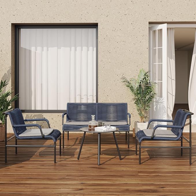 East Oak 4 Piece Patio Furniture Set, Outdoor Furniture with PE Wicker Rattan Chairs and Coffee Table, Modern Patio Conversation Set with Soft Pad for Garden, Backyard and Porch, Navy Blue