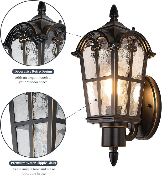 16’’ Large Outdoor Wall Light Fixtures, Exterior Wall Lantern Sconces | Waterproof, Rust-resistant, Matte Black with Gold Trim, Water Ripple Glass, Quick & Easy Installation, Retro & Traditional