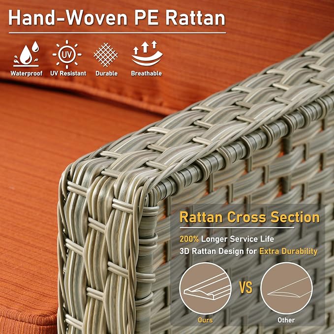 HOOOWOOO 5 Piece Patio Set with Fire Pit Table, Outdoor Wicker Furniture, All Weather Resistant High Back Rattan Outside Furniture (Orange Red)