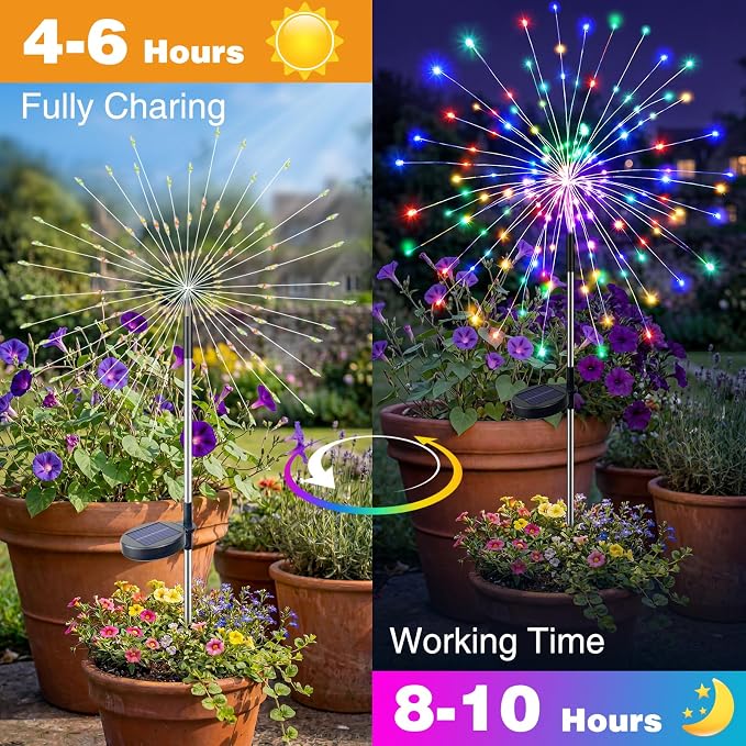 btfarm 10 Pack Solar Garden Lights Outdoor, 8 Modes Firework Lights Outside | 120LED, Waterproof Fairy Twinkle Light Solar Powered for Yard Christmas Pathway Lawn Pool Patio Decorative, Multicolor