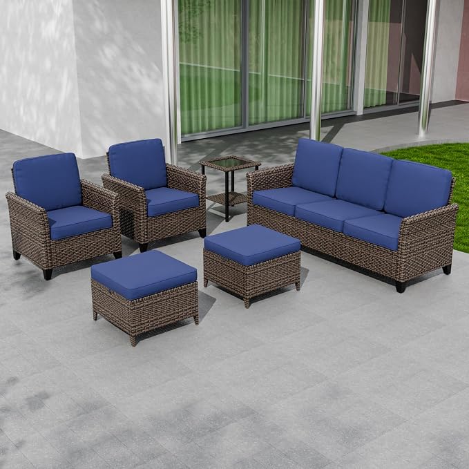 COOS BAY Harbor Retreat 6 Piece Outdoor Furniture Set, Patio Conversation Set with Patio Chairs, 3 Seat Couch, Side Table and Ottomans, Wicker Furniture, Brown/Blue