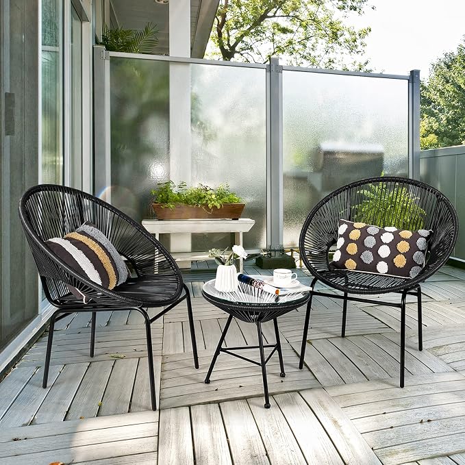 COSTWAY 3-Piece Outdoor Acapulco Chair Set, Wicker Conversation Bistro Sets with Plastic Rope, Glass Top Table, Patio Rattan Furniture Set for Garden, Balcony, Lawn, Backyard, Apartment, Black