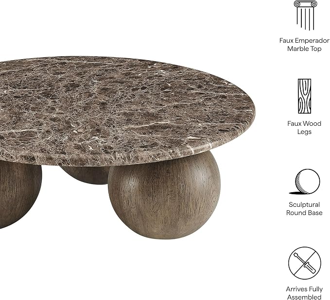 Modway Pietra Modern Sculptural Indoor/Outdoor Round Coffee Table in Dark Emperador Marble – Faux Marble Top with Three Ball Pedestal Legs – Contemporary Round Accent Table