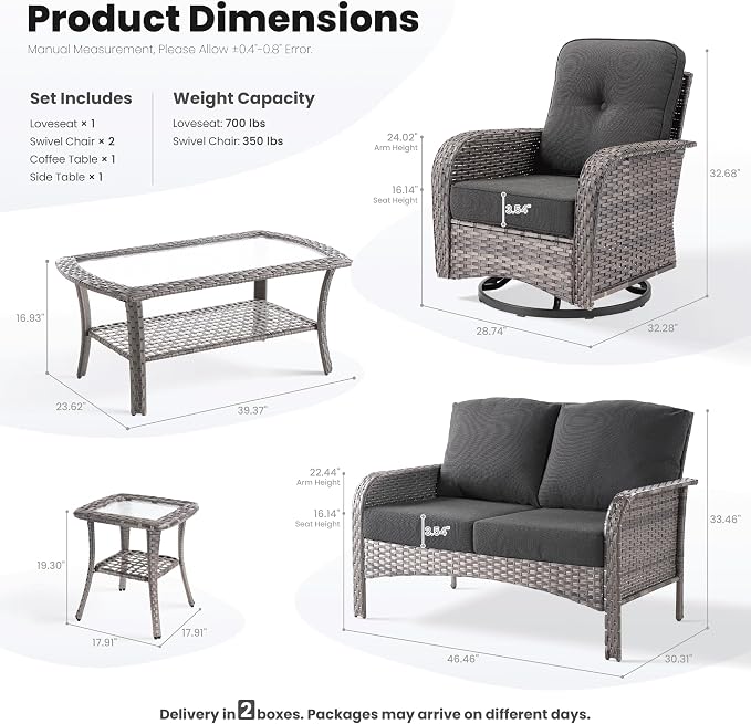 ovios 5-Piece Patio Furniture Set, Outdoor Wicker Sofa with Swivel Chairs Coffee Table, High Back Rattan Couch Loveseat with Comfy Cushions for Porch Yard Deck, Black
