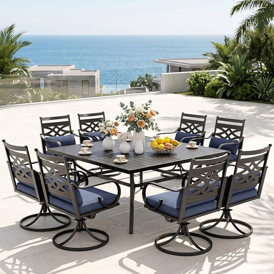 PHI VILLA 9 Piece, Outdoor Dining Set, 57.5" Square Metal Table, Blue | Wrought Iron, Swivel Chairs, Umbrella Hole