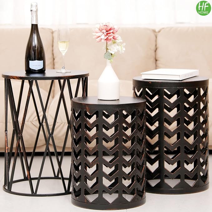 HFHOME Multifunctional Nesting Round Metal Coffee End Tables, Set of 3 Modern Nightstands Decor Side Tables Plant Stand for Home Office Indoor Garden Outdoor-Bronze