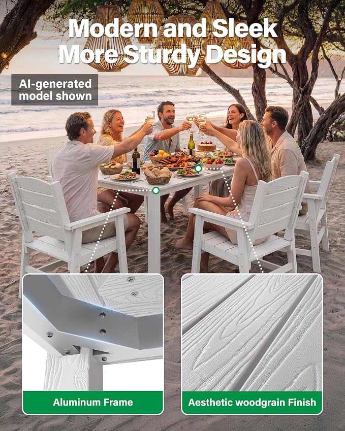 YEFU Outdoor Patio Table HIPS: 67" Rectangle Outdoor Dining Table with Umbrella Hole & Metal Aluminum Frame - All-Weather Patio Dining Table for 6 Modern Outside Furniture for Deck Garden White