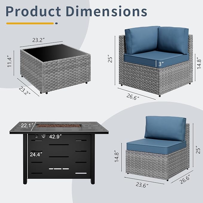 SUNLEI 5 Piece Outdoor Patio Furniture Set with Fire Pit Table, Silver PE Rattan Wicker Conversation Sofa Set with Blue Cushions, All Weather Sectional Patio Couch for Backyard, Deck, Garden, Porch