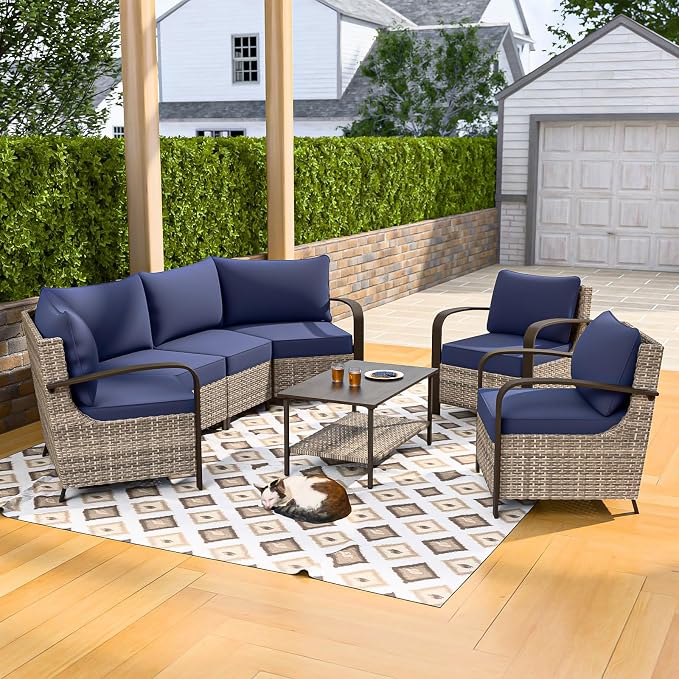 COOS BAY Aurora Terrace 6 Piece Outdoor Sectional Furniture Set, Half Moon Rattan Wicker Conversation Set with Patio Chairs, 4 Seat Sofa & Coffee Table for Patio Garden Yard, Beige/Blue