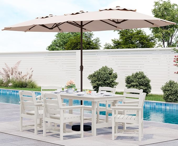 SERWALL 8-Pc HDPE Dining Set, 1 Table, 1 Umbrella & 6 Chairs, White | Patio Dining Set with Umbrella, 67"Rectangular Table & 6 Chairs & 15FT Umbrella, All Weather Dining Furniture