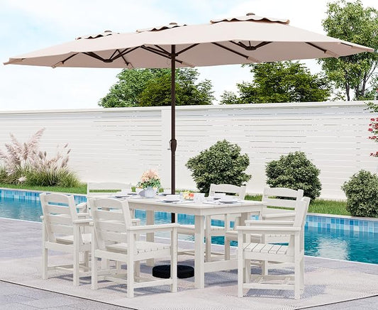 SERWALL 8-Pc HDPE Dining Set, 1 Table, 1 Umbrella & 6 Chairs, White | Patio Dining Set with Umbrella, 67"Rectangular Table & 6 Chairs & 15FT Umbrella, All Weather Dining Furniture