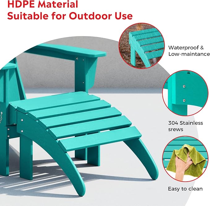 Costaelm Lakeview 3-Piece Adirondack Chair with Cup Holder and Folding Ottoman and Table Set, Turquoise