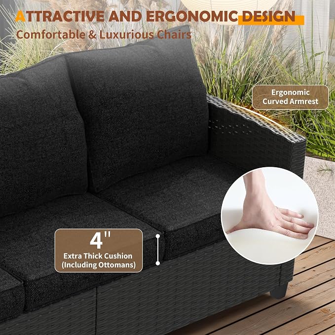 UDPATIO Outdoor Patio Furniture Set with 44" Fire Pit Table, 6 Pieces Sectional Conversation Sets, All-Weather Wicker Rattan Sofa Ottoman with 4" Thick Cushion for Garden Backyard Deck, Black