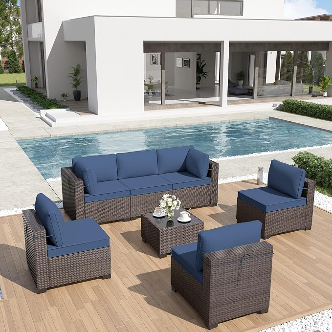 ALAULM 7 Pieces Patio Furniture Set Wicker Patio Conversation Set, Outdoor Sectional Furniture w/Coffee Table & Washable Seat Cushions-Dark Blue