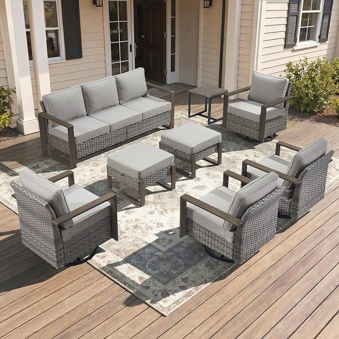 8-Piece Outdoor Patio Furniture Set with 4 Swivel Chairs, All-Weather Wicker Sofa Set for Garden, Yard, Porch and Poolside Seating, Grey/Grey