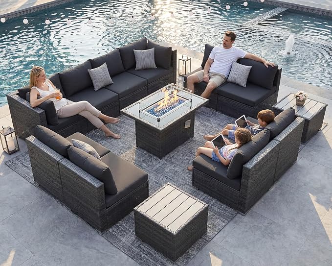 NICESOUL 13 Piece Outdoor Sectional Furniture with Firepit, Contemporary Back Yard Fireplace w/Seating Area, Plus Size 29.3'' High Back Patio Set, All-Weather Wicker Couch for Exterior, Dark Gray