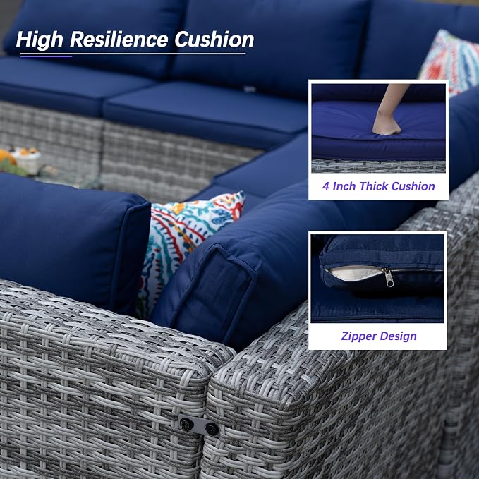 7 Piece Outdoor Sectional with Waterproof Cushions, Outdoor Patio Furniture Set with Coffee Table, Sectional Couch Sofa with Cushions, Wicker Outdoor Conversation Set for Backyard & Garden, Navy Blue