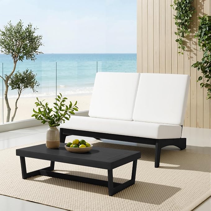 Outdoor Furniture Patio Couch, Weather Resistant Patio Loveseat Sofa Couch with Removable Cushion & Pillows, Black Wood Frame for Porch & Backyard Seating - Beige