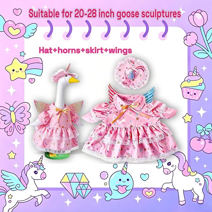 Pink Unicorn Porch Goose Outfits for 23 Inch Lawn Statue, Dress with Wings Hat Colorful Horn Set, Garden Party Birthday Outdoor Decoration, Costume for Plastic Cement Goose