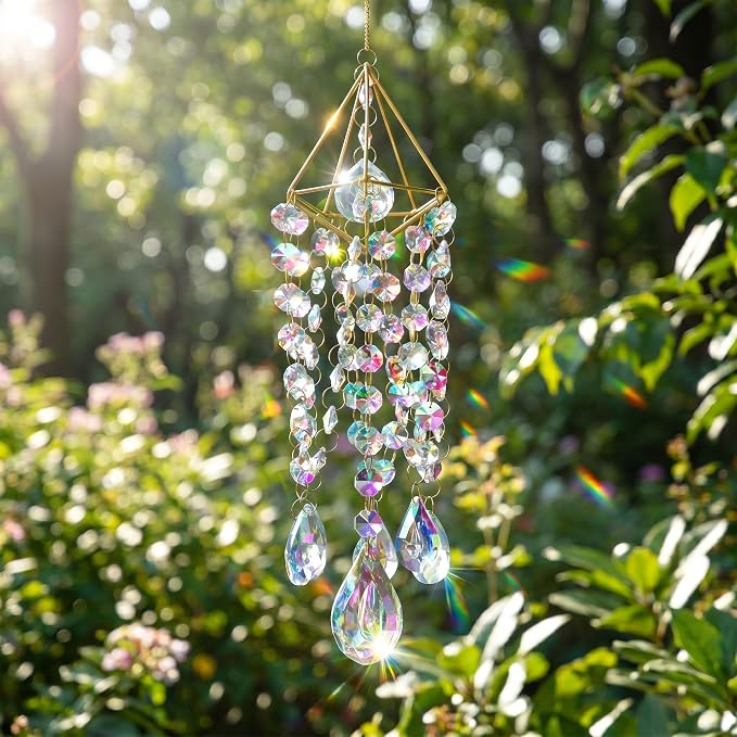 Crystal Suncatchers for Window Hanging Rainbow Maker Sun Catchers Indoor | Glass Wind Chime Garden Sun Catchers with Crystals Prisms,Whimsical Decor For Home,Handmade Gold Plated,With String & Hook