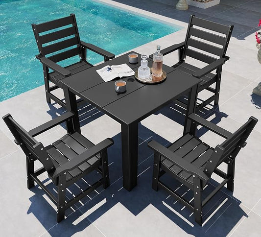 GREENVINES 5-Piece-Outdoor-Dining-Set | HDPE | Square | Patio Furniture | Table and Chairs Sets for 4 | All Weather | Umbrella Hole | for Backyard Poolside Garden | QuadraLuxe | Black