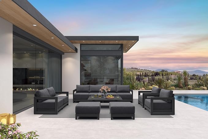 PURPLE LEAF Patio Furniture Set Enclosed Outdoor Couch with 9.6" Thick Cushion and Soft Pillows 11 Piece Modern Outdoor Conversation Sets with Ottoman Outdoor Sectional Sofas for Yard Deck Pool, Grey