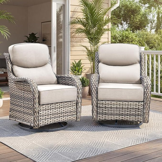 Luxury Swivel Rocker Chairs Set with 6" Thick Cushion 3 piece Wicker Outdoor Swivel Rocker Patio Chair with Side Table High Back Comfortable Outdoor Patio Furniture Set - Gery | Beige