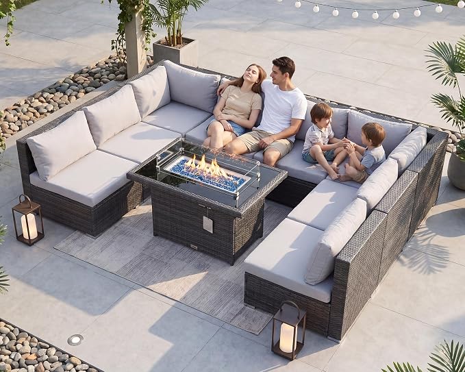BULEXYARD 9 Pieces Highback Wicker Patio Furniture Set with Firepit, High Weight Capacity Outdoor Sectional Couch Sofa 8-Seater Modular, Plus Comfortable Wide Deep Deck Seating Group, Light Grey