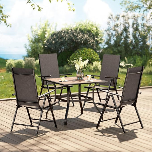 PHI VILLA Outdoor Patio Dining Set for 4, Patio Table and Chairs Set with Folding Patio Chairs & Square Wood Like Top Table for Garden, Deck and Lawn, Black