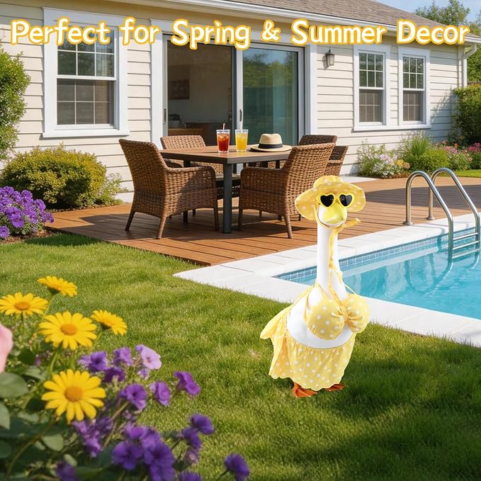 Summer Bikini Porch Goose Outfits – Yellow Swimsuit Goose Clothes with Sun Hat & Heart Sunglass, Cute Patio Lawn Garden Decor for 23 Inch Lawn Goose