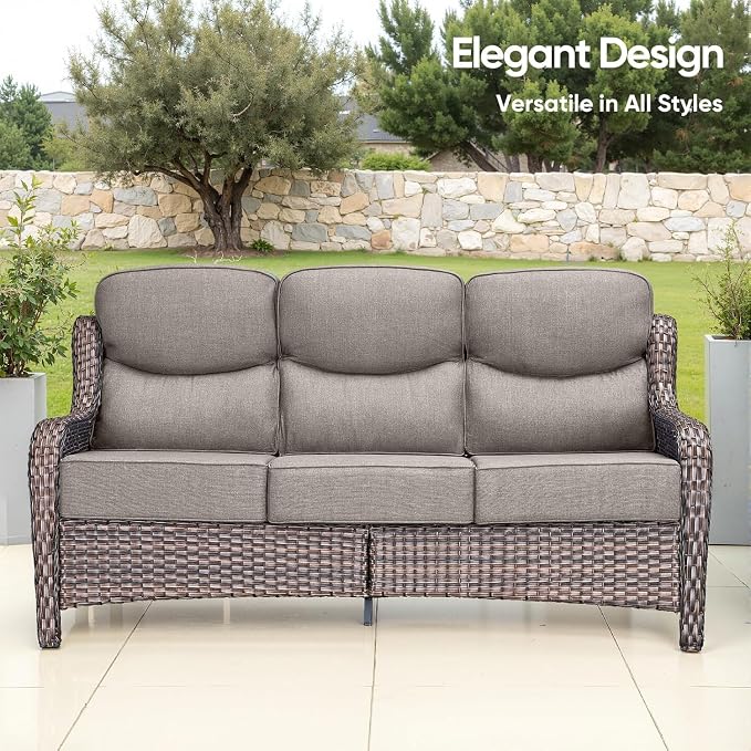 Swivel Patio Chairs sofa Set of 7 - 6" Thick Cushion - Wicker Outdoor Swivel Rocker Patio Chair ,Sofa/Glass coffee table, High Back Comfortable Outdoor Glider Chairs - Brown Wicker | Grey Cushions