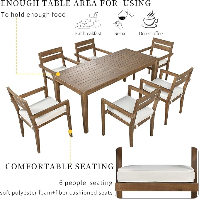 RUNNA 7-Piece Outdoor Dining Table Set with Acacia Tabletop and 6 Chairs Indoor and Outdoor Furniture Sets,for Patio, Balcony Or Backyard. (Burly Wood@015)