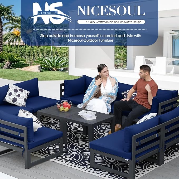 NICESOUL 10 Piece Oversized Modern Aluminum Patio Furniture Set, All Weather Rust Resistant Modular Sectional Sofa with Side Table, 500 lbs Heavy Duty Comfortable Outdoor Couch for Backyard, Navy Blue