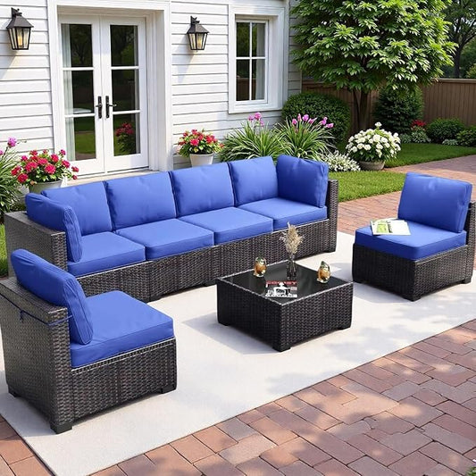 7 Piece Patio Furniture Set, Outdoor Modular Wicker Sectional Couch with Tempered Glass Coffee Table, All-Weather Rattan Conversation Set with Washable Cushions for Backyard, Garden, Deck