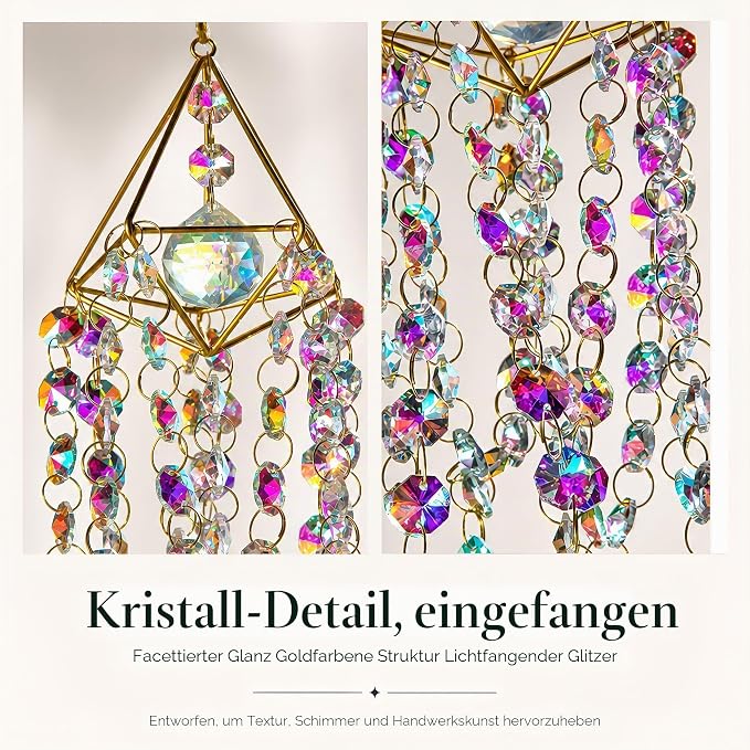 Crystal Suncatchers for Window Hanging Rainbow Maker Sun Catchers Indoor | Glass Wind Chime Garden Sun Catchers with Crystals Prisms,Whimsical Decor For Home,Handmade Gold Plated,With String & Hook